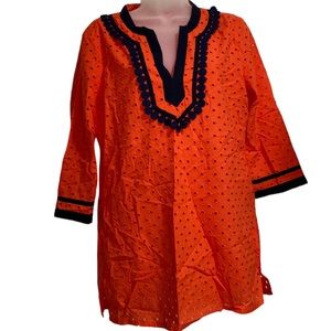 NWT J. Crew Orange Navy Blue Eyelet Split Neck Tunic Top S